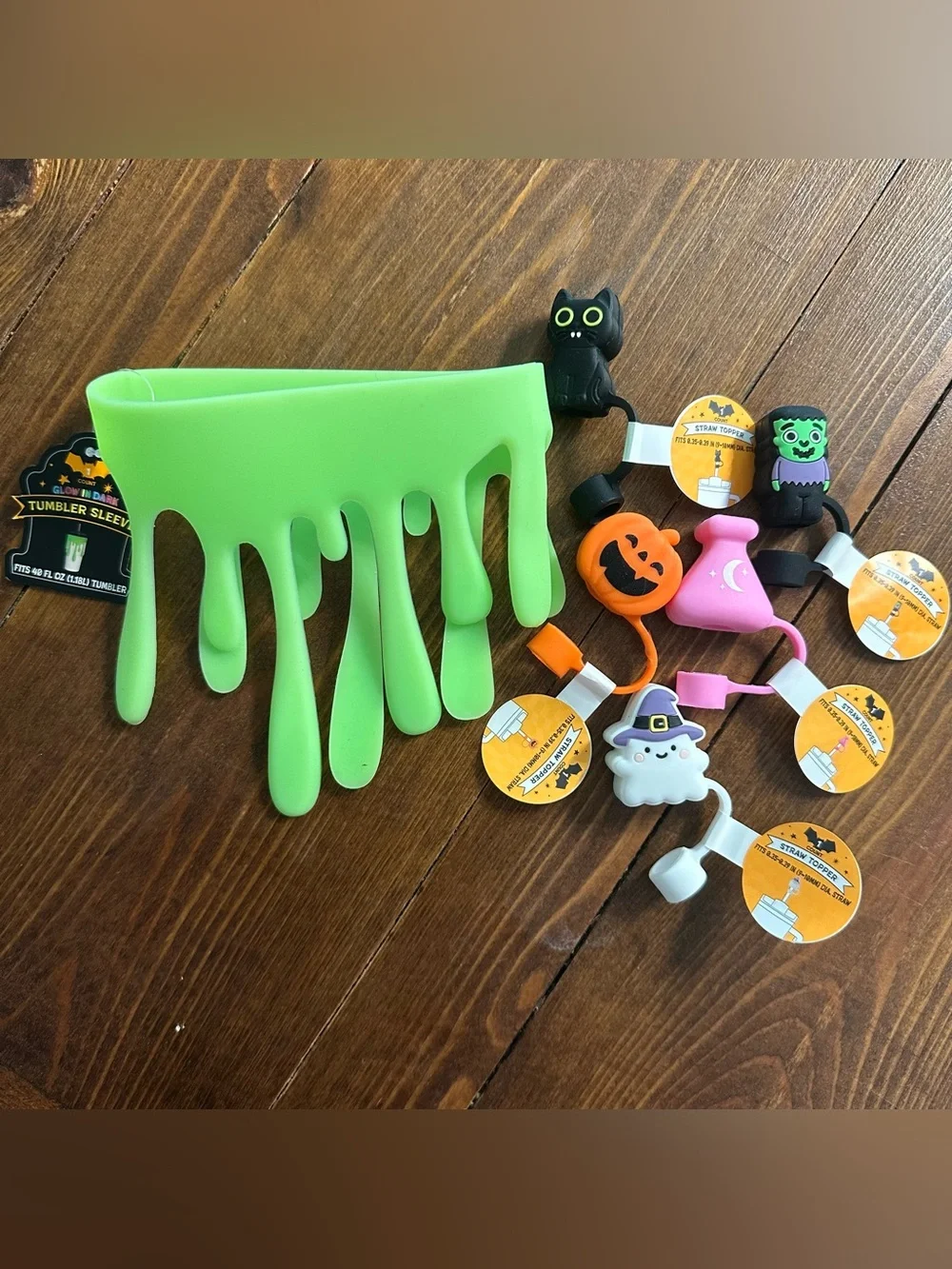 Target Halloween glow in the dark green slime tumbler sleeve and 5 straw toppers